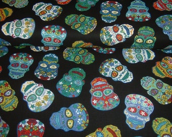 Skull skull sugar skulls black colorful cotton patchwork fabric 50 x 110 cm