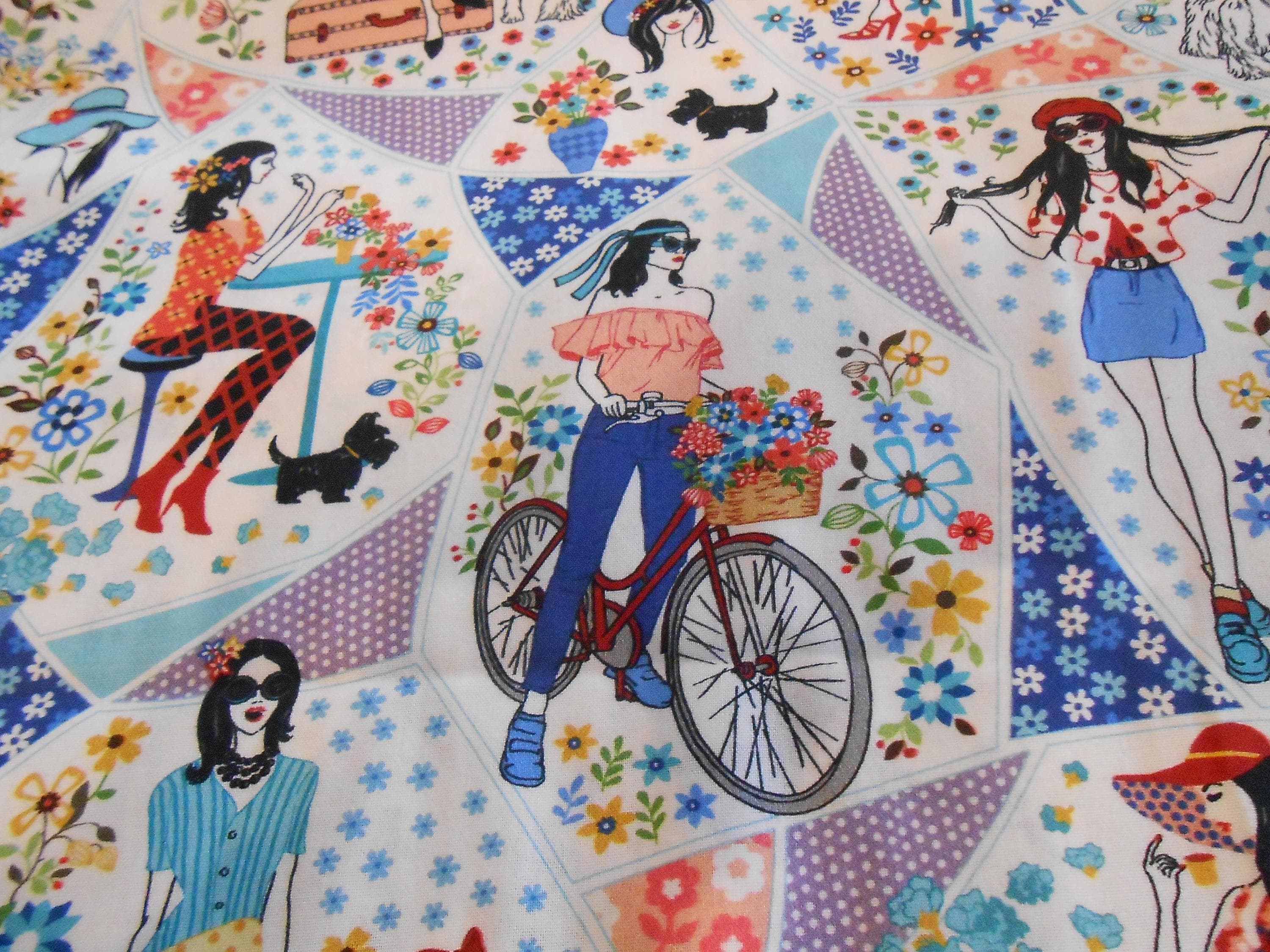 Girls Flowers Dogs Miller "Isn't she lovely" 50 x 110 cm Cotton Patchwork Fabric