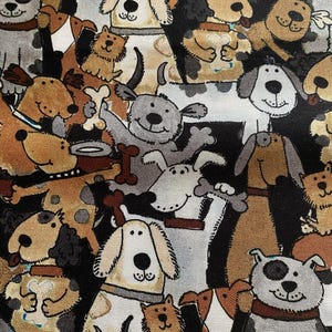 Könnte beinhalten: Ein sich wiederholendes Stoffmuster mit Cartoon-Hunden in Braun-, Beige-, Grau- und Weißtönen. Die Hunde haben unterschiedliche Ausdrücke und halten Knochen. Der Hintergrund ist eine Mischung aus Schwarz und Hellblau.