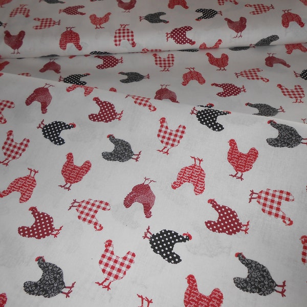 Tissu déco poules rouge noir à carreaux pointillés 50 x 160 cm