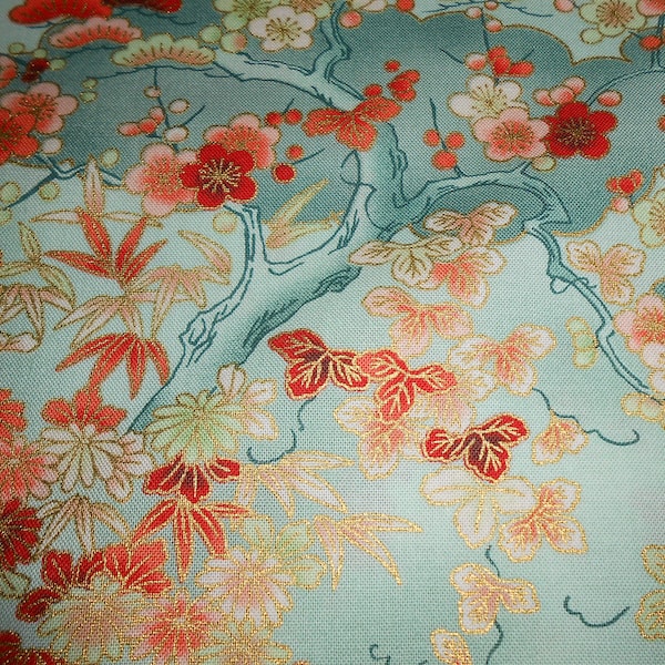 Arbre fleurs feuilles accents dorés Kaufman "Imperial Collection Honoka" Japon 50 x 110 cm tissu patchwork coton