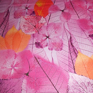 Puede incluir: Primer plano de una tela con un estampado de hojas en tonos rosa, naranja y blanco. Las hojas, de varios tamaños y formas, presentan detalles intrincados de venas. El efecto general es un diseño floral vibrante y colorido.