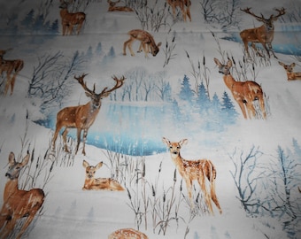 Rehe Hirsche im Schnee Winterwald See Timeless Baumwolle Patchworkstoff 50x110 cm