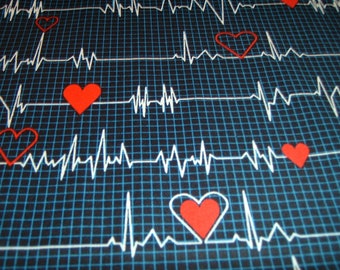 50 x 110 cm EKG calling all nurses blue heart heartbeat cotton patchwork fabric