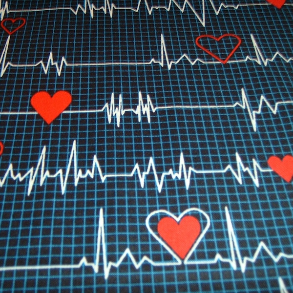 50 x 110 cm ECG appelant toutes les infirmières bleu coeur battement de cœur coton patchwork tissu