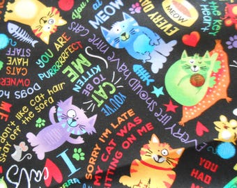 New Cat with lettering and mouse Timeless cotton patchwork fabric 50 x 110 cm