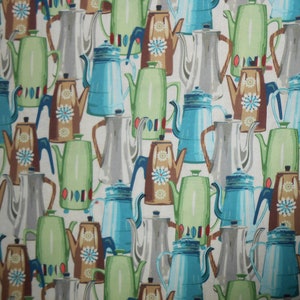 May include: A seamless pattern featuring a variety of colourful coffee pots with floral and geometric designs. The pots are in shades of blue, green, brown, and grey.