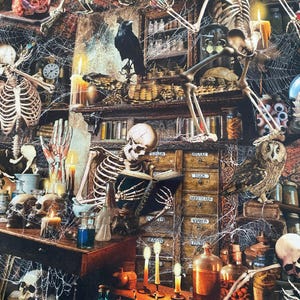 Può includere: Illustrazione dettagliata di una scena di biblioteca spettrale con scheletri, candele e bottiglie di pozioni. L'immagine presenta un corvo, un gufo e ragnatele, creando un tema di Halloween o gotico. La tavolozza dei colori include marroni, rossi e gialli.