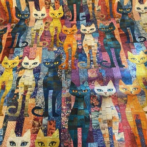 May include: A vibrant quilt showcasing numerous stylized cat figures in shades of blue, orange, yellow, and white. The cats are set against a patchwork background of patterned fabric, resulting in a lively and whimsical design.