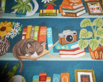 Chats Livres Livre Chat Etagère Intemporel Coton Patchwork Tissu 50 x 110 cm