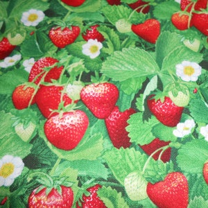 Puede incluir: Primer plano de una tela con un patrón repetido de fresas rojas y flores blancas sobre un fondo verde.