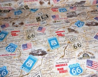 Ruta 66 Mapa América EE. UU. Tela patchwork de algodón de colores atemporales 50 x 110 cm