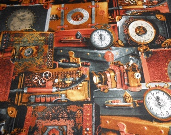 Uhren Wecker Fotoapperat Fernrohr Reise Blank "Time Travel"  50x110cm   Baumwolle Patchworkstoff