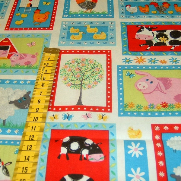 Granja Vida en el campo Animales Oveja Gallo Vaca mejores amigos de la granja Tela patchwork Algodón 50 x 110 cm