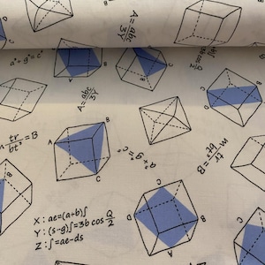 Könnte beinhalten: Ein weißer Stoff mit einem sich wiederholenden Muster aus blauen und weißen geometrischen Formen. Die Formen sind Würfel mit einer blauen Diagonalenlinie auf der Vorderseite. Der Stoff hat auch mathematische Gleichungen und Formeln darauf gedruckt.