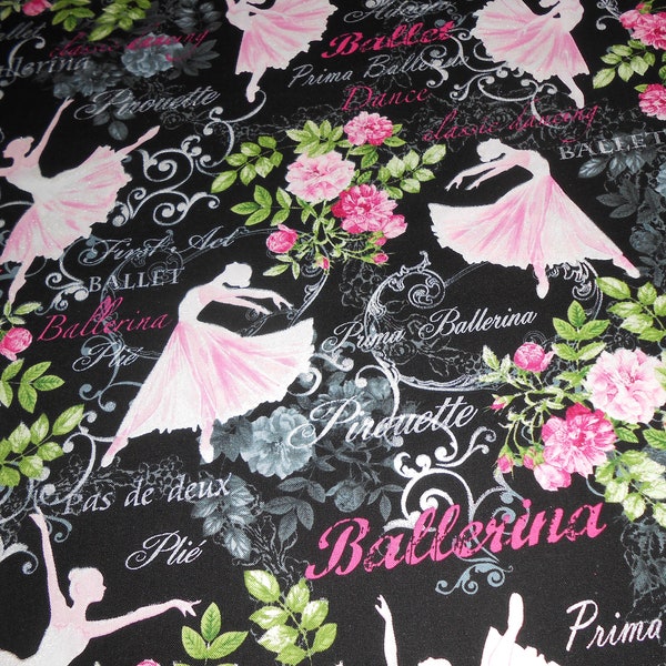 Pearl-Ballet Kanvas Rosen Silberschrift Ballerina Baumwolle  Patchworkstoff 50x110 cm