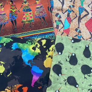 Könnte beinhalten: Auswahl an Stoffmustern mit verschiedenen Designs. Eines zeigt eine farbenfrohe Weltkarte. Ein anderes zeigt tanzende Figuren in leuchtender Kleidung. Ein drittes zeigt Kiwis auf grünem Hintergrund.