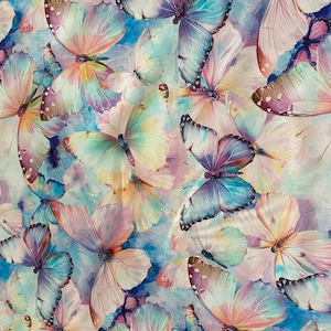 Könnte beinhalten: Ein sich wiederholendes Muster aus Aquarell-Schmetterlingen in Rosa-, Blau-, Lila- und Gelbtönen. Die Schmetterlinge sind mit weichen, verwaschenen Kanten und in verschiedenen Flügelstellungen vor einem hellen, abstrakten, bunten Hintergrund dargestellt.
