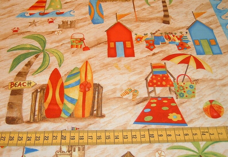 Beach house Surfboard Palm tree Beach shoes Sun Vacation Sea Shore things Cotton patchwork fabric 50 x 110 cm image 2