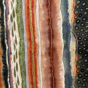 Könnte beinhalten: Abstrakte Aquarellmalerei mit vertikalen Farbstreifen. Das Kunstwerk weist eine Vielzahl von Texturen und Mustern auf, darunter Punkte, Linien und Waschungen. Erdige Töne von Braun, Grün und Orange sind vorherrschend, mit Akzenten in Blau und Gold.