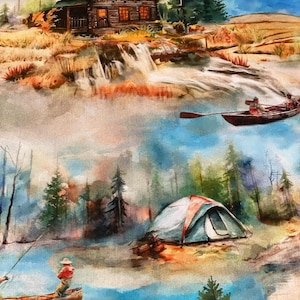 Könnte beinhalten: Ein Landschaftsgemälde zeigt eine Hütte, einen Wasserfall und einen See. Ein Boot mit Ruderern, ein Zelt und eine Person beim Angeln sind ebenfalls zu sehen. Die Farbpalette umfasst Blau-, Grün-, Braun- und Orangetöne.