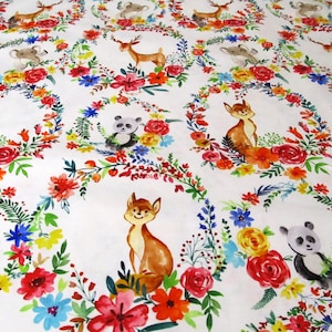 Elephant Deer Panda Bear Fox Flowers Enchanted Forest Cotton Patchwork Fabric 50 x 110 cm