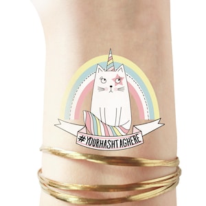 Set de tatuajes CUSTOM HASGTAG Unicorn Cat para cualquier ocasión, gato gruñón, dinosaurio unicornio, caticornio, sombrero de gato unicornio, regalo amante de los gatos #hashtag