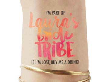 10 Bachelorette party tattoos - custom bride tribe with brides name - pink tattoo - hen party - hen night - if lost buy me a drink tattoo