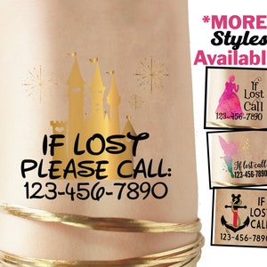 Custom Theme Park Temporary Tattoos for kids! Emergency contact number - Cinderella&#39;s Castle - if lost call - custom phone number tattoo