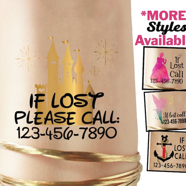 Custom Theme Park Temporary Tattoos for kids! Emergency contact number - Cinderella's Castle - if lost call - custom phone number tattoo