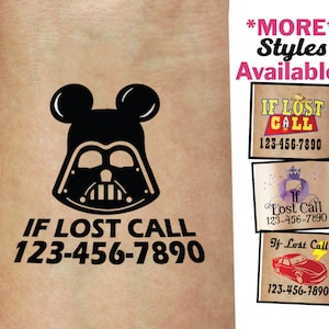 Personalized Mickey Safety/Emergency Contact Temporary Tattoos Star Wars Darth Vader star wars phone number tattoo if lost call child safety