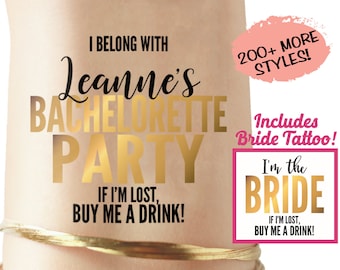 Bachelorette party tattoos personalized with the brides name - hen party hen do - bride tribe team bride gold temporary tattoos squad shirt