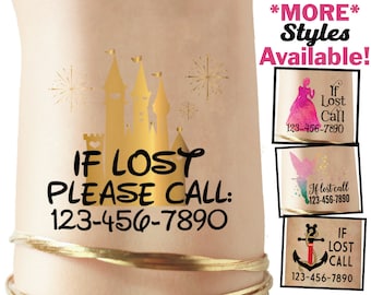 Custom Theme Park Temporary Tattoos for kids! Emergency contact number - Cinderella&#39;s Castle - if lost call - custom phone number tattoo