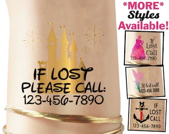 Custom Theme Park Temporary Tattoos for kids! Emergency contact number - Cinderella's Castle - if lost call - custom phone number tattoo