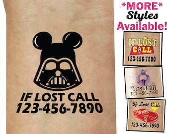 Personalized Mickey Safety/Emergency Contact Temporary Tattoos Star Wars Darth Vader star wars phone number tattoo if lost call child safety
