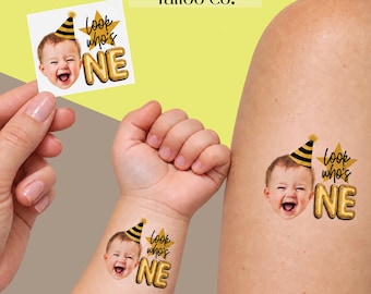 Personalized Photo Temporary Tattoo, Custom Birthday Party Favor with Age Hat