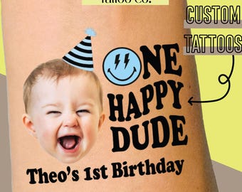 Custom Face Temporary Tattoos, One Happy Dude First Birthday Party Favors