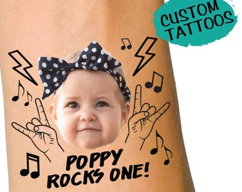 Rocks One Rock and Roll first birthday tattoos - custom face temporary tattoos - First birthday milestone editable - kids party decor favors