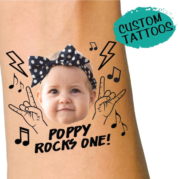 Rocks One Rock and Roll first birthday tattoos - custom face temporary tattoos - First birthday milestone editable - kids party decor favors