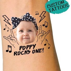 Rocks One Rock and Roll 1 歳の誕生日タトゥー - カスタム顔タトゥー - 編集可能な 1 歳の誕生日の節目 - 子供のパーティーの装飾の記念品