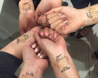 Bachelorette party tattoos personalized with the brides name - hen party hen do - bride tribe team bride gold temporary tattoos squad shirt