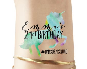 Set of CUSTOM Birthday Tattoos, 21st birthday, unicorn party, unicorn birthday, birthday tattoo, face tattoo, unicorn decor, magic rainbow