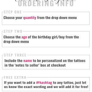 Puede incluir: Un gr&aacute;fico blanco y gris con texto negro que describe los pasos para pedir tatuajes personalizados. El texto incluye "Elige tu cantidad", "Elige la edad", "Incluye el nombre" y "Si quieres agregar un #hashtag".
