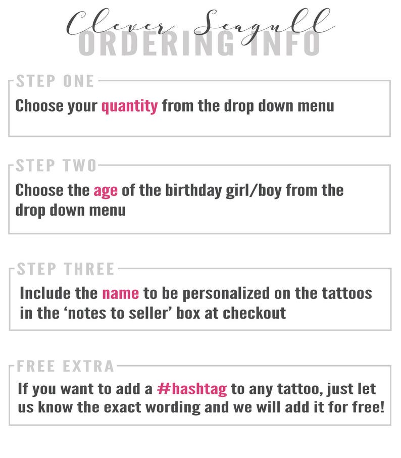 Puede incluir: Un gr&aacute;fico blanco y gris con texto negro que describe los pasos para pedir tatuajes personalizados. El texto incluye "Elige tu cantidad", "Elige la edad", "Incluye el nombre" y "Si quieres agregar un #hashtag".