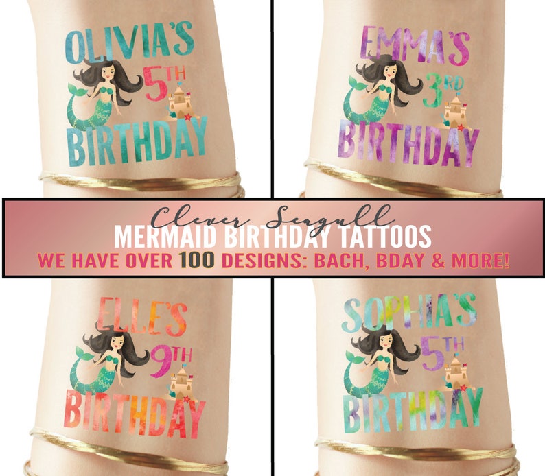 Temporary kids tattoos personalized - Mermaid party - mermaid birthday - mermaid cake - mermaid games - mermaid sticker - mermaid art- tail image 1