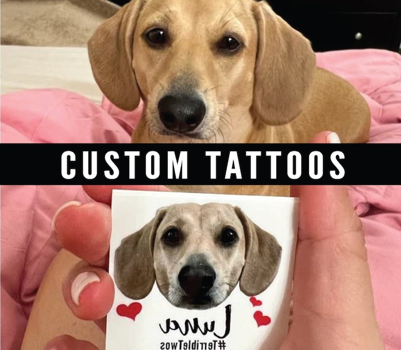 May include: A custom pet portrait tattoo featuring a dog's head with the name "Luna" written below. The tattoo is on a white background with red hearts.