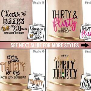 K&ouml;nnte beinhalten: Vier verschiedene Stile von tempor&auml;ren Tattoos zum 30. Geburtstag. Die Tattoos zeigen den Text "Cheers and Beers to 30", "Thirty & flirty", "Talk Thirty to Me" und "I'm with Nikki's Dirty Thirty".