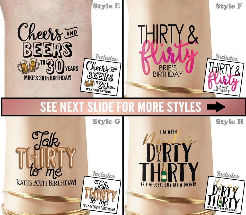 K&ouml;nnte beinhalten: Vier verschiedene Stile von tempor&auml;ren Tattoos zum 30. Geburtstag. Die Tattoos zeigen den Text "Cheers and Beers to 30", "Thirty & flirty", "Talk Thirty to Me" und "I'm with Nikki's Dirty Thirty".