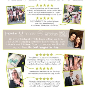 May include: A collage of images showcasing temporary tattoos for weddings, birthdays, and other events. The images feature people wearing the tattoos and positive customer reviews. The text "Clever Seagull" is at the top of the image, and the text "20,000 Sales, 5 Star Rating & 400+ Designs Shop With Confidence" is at the bottom.