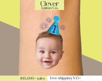 First Birthday Boy Face Temporary Tattoos | Personalized Photo Tattoo | One Year Old Party Favor | Baby Boy Birthday